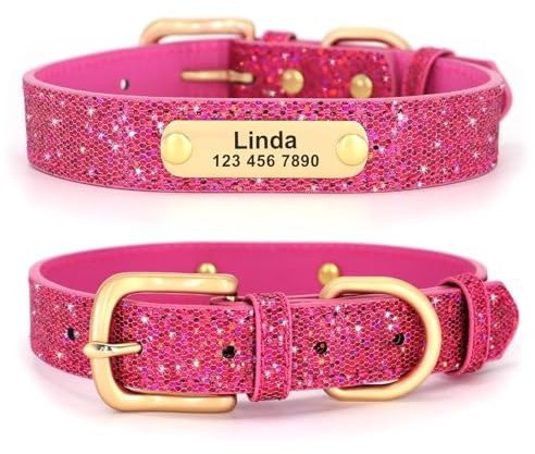 Didog Glitzer-Hundehalsband, personalisierbares PU-Lederhalsband glitzernden Pailletten, personalisierbares Hundehalsband mit graviertem Namensschild kleine, mittelgroße Hunde und Katzen, Hot Pink, S