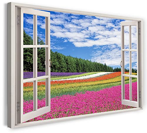 Printistico Bilder Fensterblick 120x80cm Baumwoll-Leinwand auf Keilrahmen mit Aufhänger moderner Kunstdruck XXL Wandbilder Wand-Dekoration Blumenwiese Wald Bunt Natur Landschaft - Natur-Fotografie