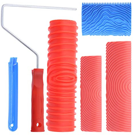 Keadic 4Pcs Wood Graining Painting Tool Set, M21 MS16 Rubber Grain Texture Pattern Roller with Handle, Wallpaper Roller Painter Wall Texture Art Painting Tool for DIY Floor Furniture Home