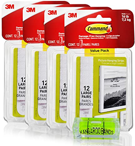 Picture Hanging Kit | 48 - Pairs Large Command Picture Hanging Strips | & Bubble Leveler | Perfect for Hanging Small & Large Frames, Photos, Pictures, Posters on Walls/Drywalls | No Nail/Hook Damage