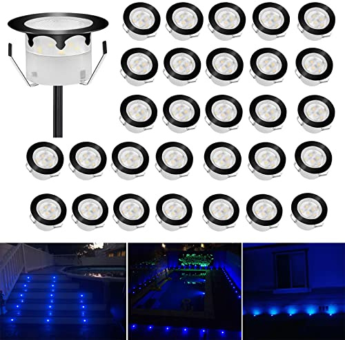 CHNXU LED Bodeneinbaustrahler 30er Set Treppenbeleuchtung Ø45mm 1W Blau Terrassen Einbaustrahler Aussen 12V IP67 Wasserdicht Bodenlampe für Garten Holzbrücke Pool Holzdeck, Schwarz