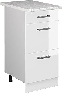 Vicco Küchenunterschrank R-Line, Weiß Hochglanz, 40 cm | 3 Schubladen · AP Marmor inkl. · Höhenverstellbare Füße · ✓ Leichter Zugriff · ✓ Frei kombinierbar