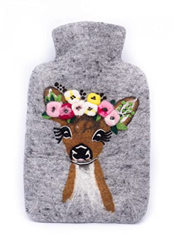 feelz - Wärmflasche Reh, romantische Bettflasche aus 100% Wolle (Merino), grün oder natur, Handarbeit, Fairtrade (Natur - Bezug mit Innenflasche)