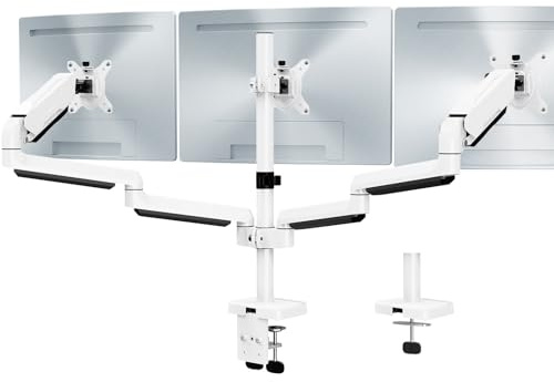 MOUNT PRO Dreifache Monitorhalterung, 3 Monitor-Schreibtischhalterung für Bildschirme bis zu 81 cm, volle Bewegungs-Gasfeder, dreifacher Monitorständer, VESA-Halterung, weiß