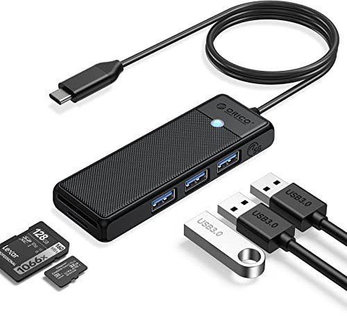 ORICO USB 3.0 Hub, USB C Verteiler con SD/TF Card Rénder, 3 Puertos USB 3.0 Mini USB Splitter, USB Expander para MacBook Pro/Air, iMac, Notebook PC, Flash Drive, Cámara, Keyborad, Ratón(1,0 M,Negro)