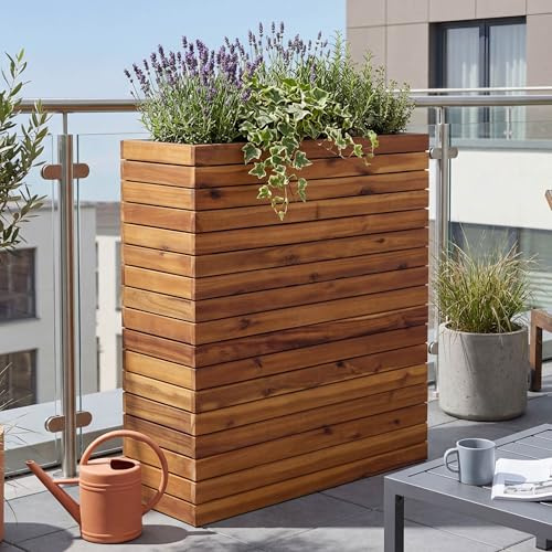 Pflanzkasten HWC-L21AM, Hochbeet Pflanzkübel Blumentopf, eckig 77x63x23cm Outdoor Akazie Holz FSC®-Zertifiziert, braun