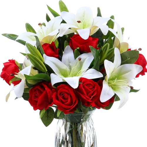 Hotop 20 Pcs Artificial Flowers Mother's Day Velvet Realistic Roses and Latex Lilies Flowers Bouquet Decorations Arrangements for Home Table Centerpieces Wedding Decor(White, Red)