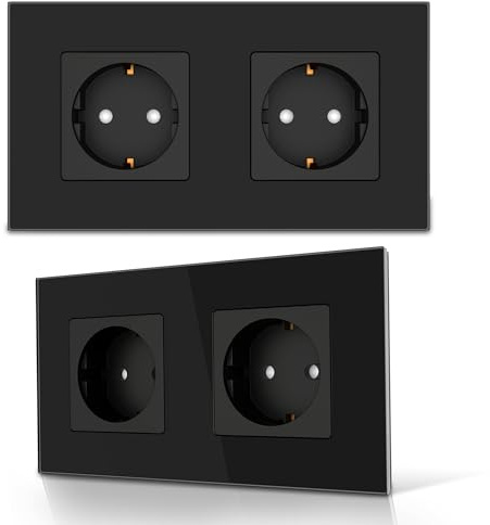PULSAR Steckdosen-Set, 2x Steckdose Unterputz Glas Schwarz 2-Fach 2 Stück | Schuko-Steckdosen-Set in Schwarz - 2 x Steckdose Glas 2-Fach - Wandsteckdose 16A mit Kindersicherung 157 x 86mm 2 Stück