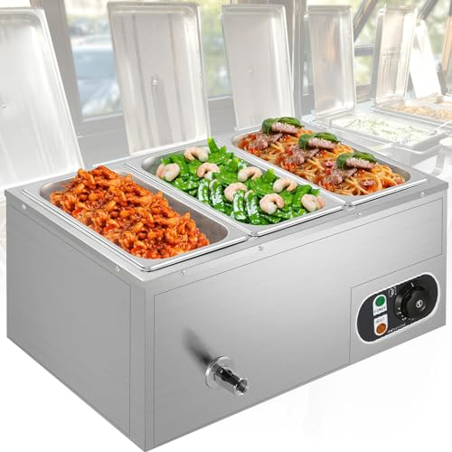 Scaldavivande Elettrico Professionale 1200 W, Tavolo Bagnomaria a 3 Vassoi, 30 L, Piano Buffet in Acciaio Inossidabile con Controllo della Temperatura e Coperchio, Adatto per Feste, Ristoranti 110 V
