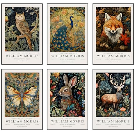 YOFAB William Morris Animal Wall Art, Fox, Rabbit, Sika, Deer, Butterfly, Owl, Peacock, Canvas Poster, Prints, Forest, Wildlife Pictures, Gothic, Botanical Flower Oil, Wall Decoration for