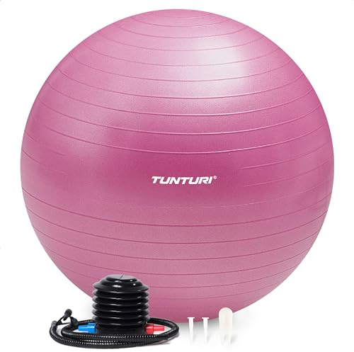 Tunturi Anti Burst träningsboll med pump – yogaboll 75 cm – pilatesboll – graviditetsboll – 220 kg användarvikt – inklusive träningsapp – lila