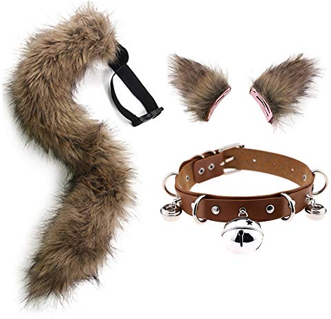 Set aus Kunstfell, Wolf, Fuchsschwanz, Ohren, Haarspangen und Glöckchen, Halsband aus Leder, Halloween, Weihnachten, Cosplay, Party, Kostüm, Spielzeug, Geschenk (Grau) (Orange) (Orange) (Braun, Grau