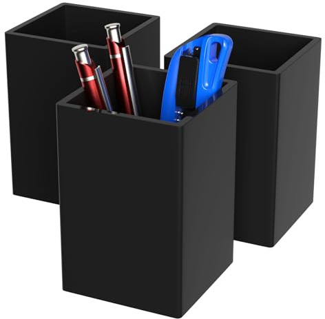AITEE Acrylic Pen Pencil Holder: 3 Pack Black Pen Pot Square Makeup Brush Holder Desktop Stationery Organizer for office school home