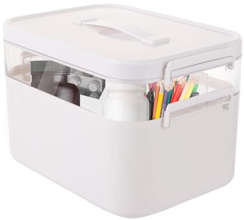 ASelected Medizin Aufbewahrungsbox Falten 2-lagig Erste-Hilfe-Kasten Haushalt Medizin Schrank Box mit Mini 3 Fächern, Tragbar mit Deckel Organizer für Home Office Auto Schule (Weiß)