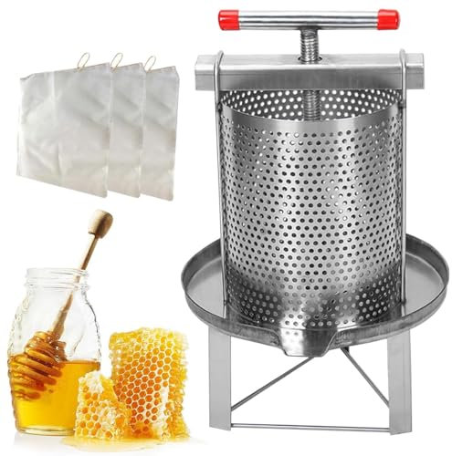 Honigpresse Extraktor aus Edelstahl, 2-in-1, Manuelle Honigschleuder Mit 3 Honigfiltern, Bienenwachs-Extraktor, Edelstahl Wein und Fruchtpresse, T-Griff, Honigpresse