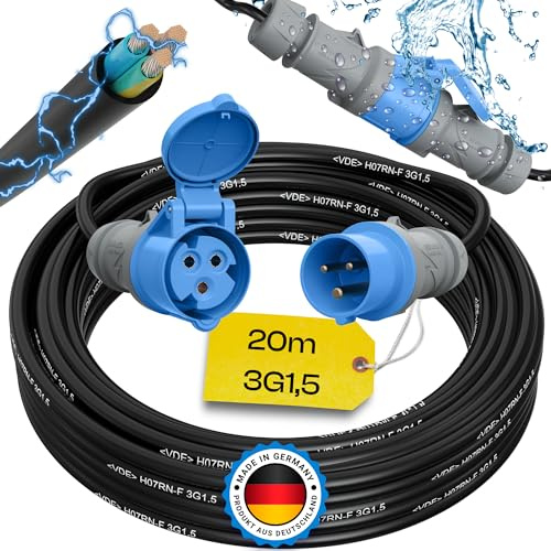 maxgo Camping Stromkabel 20m Wohnwagen Kabel Wohnmobil CEE Stecker Verlängerungskabel 3 Polig 3x1,5 Campingkabel 20 Meter Strom Verlängerung H07RN-F Camper Outdoor Mennekes