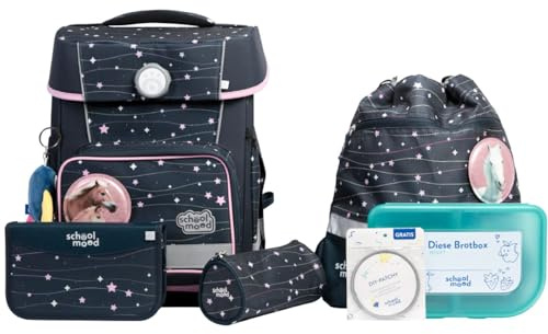 SCHOOL-MOOD Champion Pro Ella Pferd Schulranzenset 7-teilig 21,5L Stauraum, ergonomisches Easy Fit System für 1 m bis 1,50 m Körpergröße, standfest, wasserabweisender Stoff mit Reflektoren