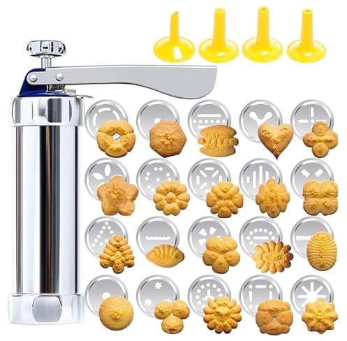LIULIQ Cookie Press Machine, Stainless Steel Cookie Press Maker Machine Icing Gun Kit with 20 Interchangeable Molds and 4 Interchangeable Nozzles, Easy Operation for DIY Biscuit Maker and Decoration