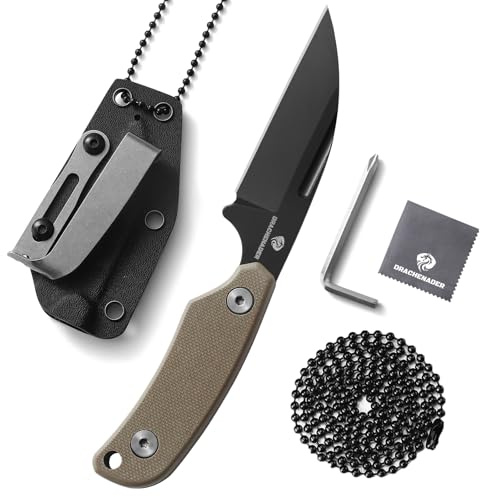 DRACHENADER Couteau De Cou, Mini Neck Knife, Lame En Acier D2,Manche En G10, Couteau À Lame Fixe, Chaîne À Billes Et Clip De Ceinture