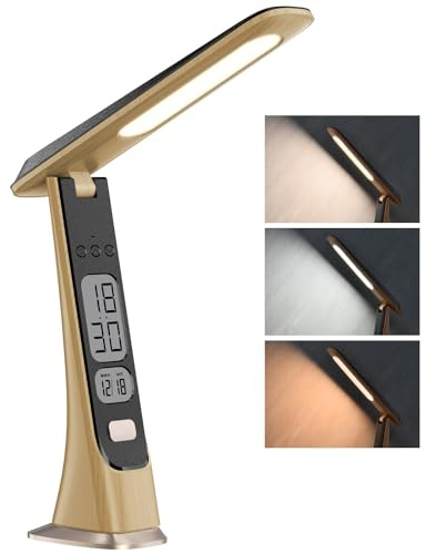 Morwealth Lampe de bureau LED rechargeable sans fil à intensité variable avec batterie, horloge numérique, LCD, date, luminosité continue, lumière portable pliable pour la maison, la lecture, le