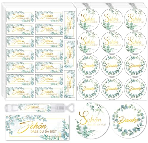 HOWAF 12 Bögen-348pcs Aufkleber Schön dass du da bist, Sticker Hochzeit Gästebuch, Aufkleber Hochzeit Eukalyptus, Sticker Danke für Gastgeschenke Hochzeitsdeko, Taufe, Kommunion, Konfirmation