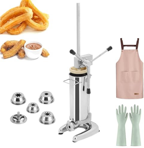 GLJTUO Macchina per Churros Manuale, Riempitrice per Ciambelle in Acciaio Inossidabile, con 4 Paia di Guanti, 5 Stampi E 1 Grembiule, Grande capacità E Dimensioni Compatte,3L