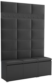 Brent - Garderobenschrank Flur Schwarz mit sitzbank 150 cm Breit Luton 3 - Multifunktionale Flurgarderobe Set mit Stauraum und Wandpaneel, Garderobe mit Sitzfläche und Kleiderhaken