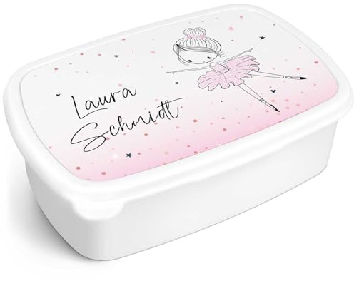 GRAVURZEILE Bedruckte Lunchbox - Ballerina - Personalisiert mit Namen - Brotdose für Kinder - Individuell bedruckt mit Wunschmotiv - Platzsparend stapelbar - Perfekt für Schule & Kita - Farbe: Weiß