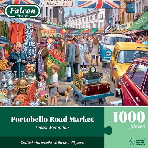 Falcon Portobello Road Market, 1000 Piece Adult Jigsaw Puzzle, London Scene | 1000 Pc Adult Jigsaws - Nostalgic, Charming Large Puzzles - Cosy Rainy Day Activity, Christmas & Birthday Gift - 68 x 49 cm
