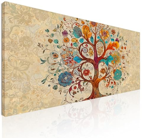 CheQuadro! Quadro moderno soggiorno, quadro grande, Albero Della Vita Fiori Vivaci Colorati, avt21 quadro stampato su tela pronto da appendere 170x80 cm