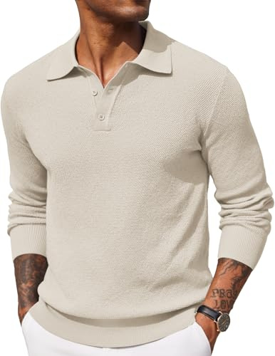 COOFANDY Mens Polo Jumper Long Sleeved Poloshirts Fine Knit Sweater Winter Sweatshirts Beige L