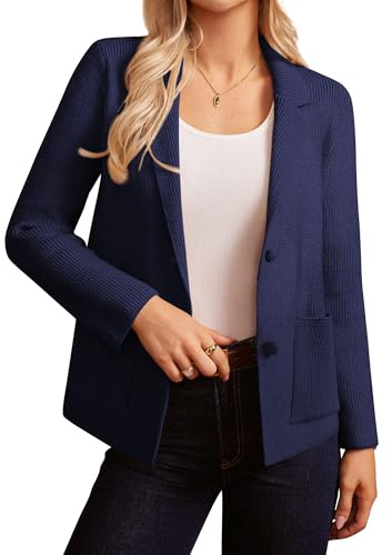 GRACE KARIN Långärmad stickad kavaj för kvinnor med två knappar business casual kontor cardigan tröja, marinblå, M