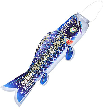 DECOMELODY Japanese Style Large Mouth Carp Windsock Flag Heavy Duty Outdoor Fish Windsock Hanging Decoration for Garden Front Door Window with Vibrant Gold Blue Design