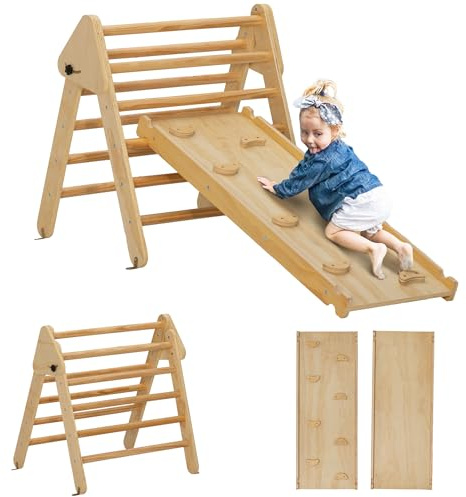 AIYAPLAY 3 en 1 Triángulo de Escalada Madera Montessori 147x64,5 cm Natural | Escalada para Niños Plegable, para 18-48 Meses, con Rampa, para Deslizarse o Escalar