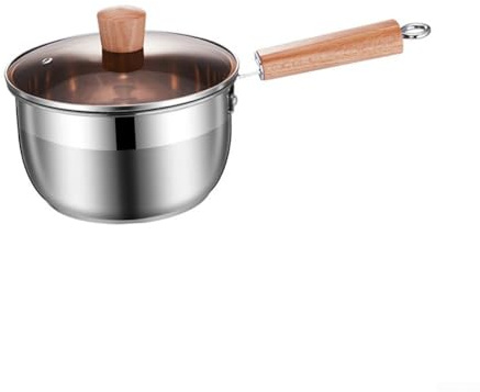 Cacerola de acero inoxidable con tapa y mango de madera, sartén de leche de textura martillada con boquillas de doble vertido para hervir y calentar (18 cm)