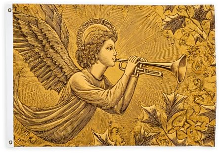 Bandiere di angelo per esterni, vintage, con ali di tromba, decorazioni natalizie dorate, con occhiello, decorazione per portico anteriore, balcone, terrazza, patio, 0,9 x 1,5 m