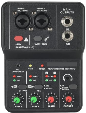 Audio Mixer, Portable Audio Interface Professional Mini External Sound Card Console USB Mixer 48V Computer Guitar Studio PC Record Q-12,PC, Recording Studio and Gaming