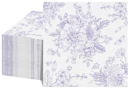 NatNarr 100 Pcs Floral Napkins, Light Purple Toile Napkins Vintage Flower Butterfly Design Chinoiserie Decorative for Mothers Day, Decoupage, Bridal Baby Shower, Wedding, Tea Party
