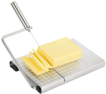 Irishom Cortador de queso de acero inoxidable, cortador de queso con tabla y rejilla de medición con 3 alambres, cuchillo multifunción para queso bloque, mantequilla y queso
