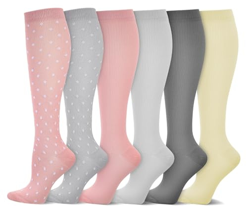 Fentar 6 Paires Chaussettes De Contention Femme, 15-20 Mmhg Bas De Contention Femme, Chaussettes De Compression Pour Voyage, Avion, Grossesse, Compression Socks De Maintien Pour Cyclisme, Médical
