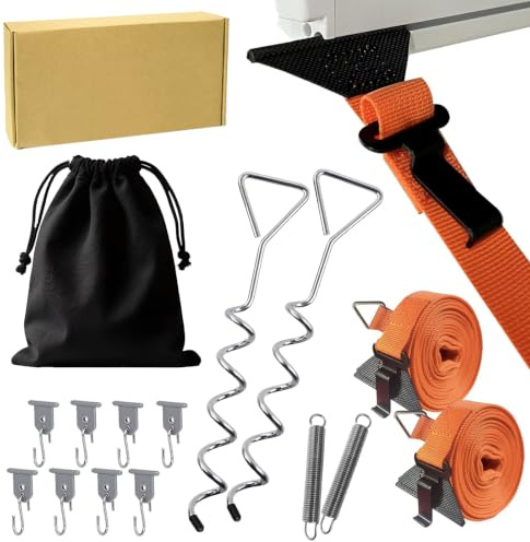 240 cm Sturmband Markise Sturmband für Vorzelt Sturmsicherung Komplett Set | mit 2 Spiralnagel 2 Federn 2 Spanngurten 8 haken und 1Tasche Sturmsicherung Abspanngurt Vorzelt