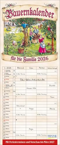Bauernkalender 2026: Familienplaner - 4 große Spalten mit viel Platz. Hochwertiger Familienkalender mit netten Bildern, Ferienterminen und Vorschau bis März 2027. 19 x 46 cm.