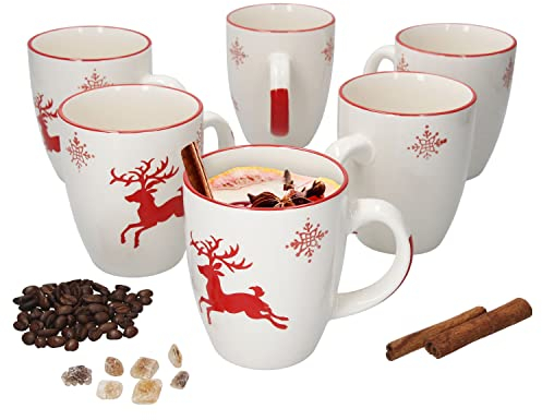 Set di 6 tazze da caffè a forma di Natale, 300 ml, fiocchi di neve e cervo, albero di Natale, X-Mas Time I vin brulé, liquore alle uova, punch, tazza, Pott I Gres