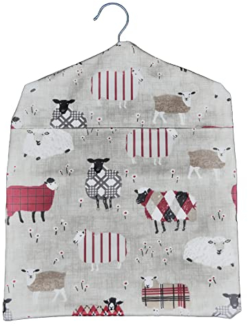 Jolee Fabrics Premium Oilcloth Peg Bags with Wooden Hanger - Large Waterproof Peg Bag, Clothes Clip Storage Perfect for Any Washing Line(Beige Funky Sheep)