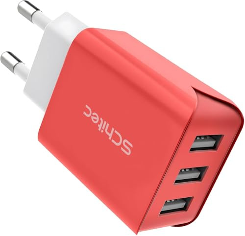 SCHITEC Caricatore USB da Muro a 3 Porte, 15W/3A Caricabatterie Presa USB Universale per iPhone 11 XS XR Samsung M20 S10 Huawei P30 P20 Lite, HTC, Tablet e Altro (Red-one pack)