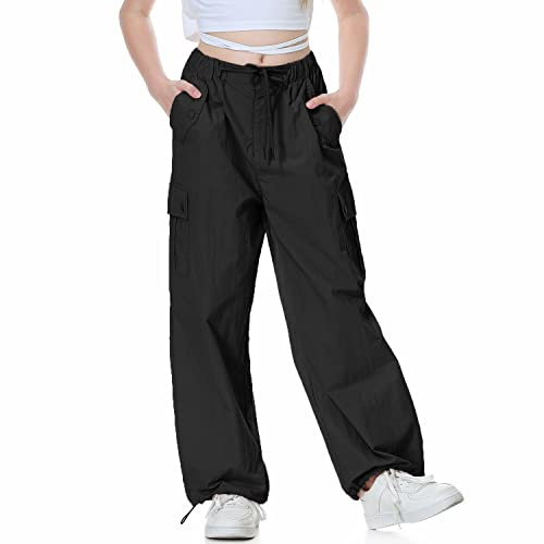 Rolanko Pantalón Cargo Paracaídas Holgado para Niña, Y2K Vintage Joggers con Cintura Elástica Ajustable para Niños Fit, Negro, Talla:150