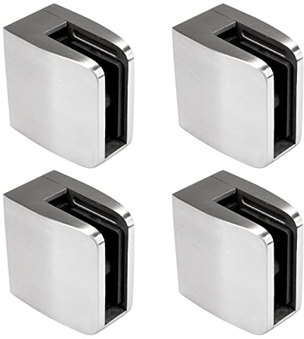 PRIOstahl Glashalter 4 Stück Glasklemme Klemmhalter Glashalter mit Sicherungsplatte + Sicherungsstift 52 x 52 x 32 mm Anschluss: Flach für Glas 12,76 mm aus Edelstahl V2A