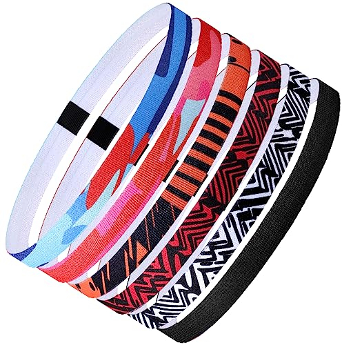 Hemiks 6 Stück Sport Haarband Herren, 6 Stile Elastische Haarband Jungen Sport rutschfeste Stirnbänder Haarbänder Dünn für Yoga Fußball Joggen