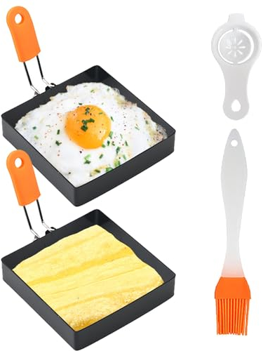 Eonenomi Square Egg Ring, 2 Pcs 4 Inch, Stainless Steel, Non-Stick, Foldable Silicone Handle, Multifunctional, Includes Egg Separator & Oil Brush