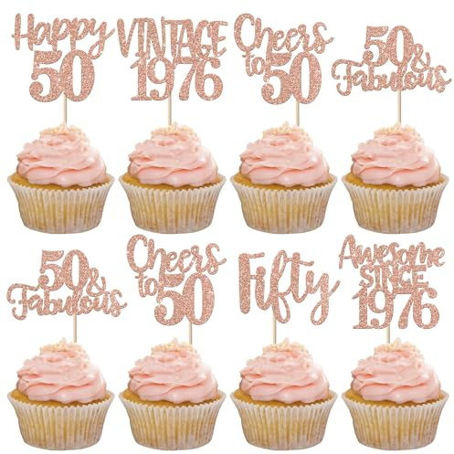 Xsstarmi 24 Pack Happy 50th Birthday Cupcake Toppers Glitter Fifty 50 Fabulous Vintage 1976 Cupcake Picks for Cheers to 50 Years 50th Birthday Wedding Anniversary Party Cake Decorations Rose Gold